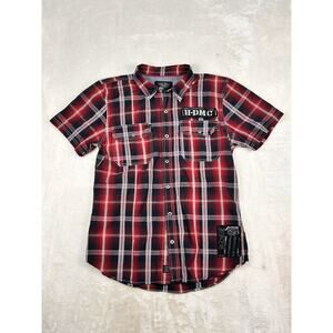 Harley Davidson Snap Shirt Mens Large Red Plaid Short Sleeve Motorcycle Patchess
